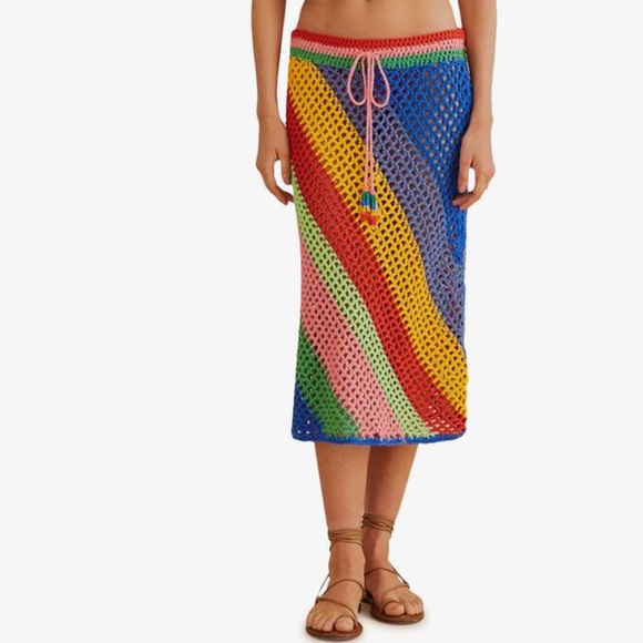 FARM Rio Dresses & Skirts - FARM Rio Crochet Diagnol Stripe Skirt Beaded Tassels Drawstring